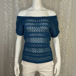 A.N.A  Blue Crochet Knit Short Sleeve Off Shoulder or Scoop  Sweater Top Small